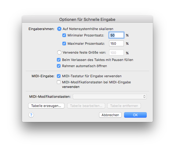 Dialogbox Optionen für Schnelle Eingabe